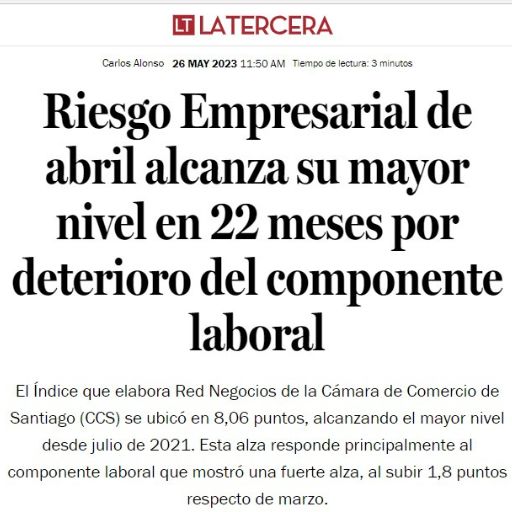 Riesgo Empresarial de abril alcanza su mayor nivel en 22 mes...