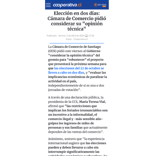Elección en dos días: Cámara de Comercio pidió considera...