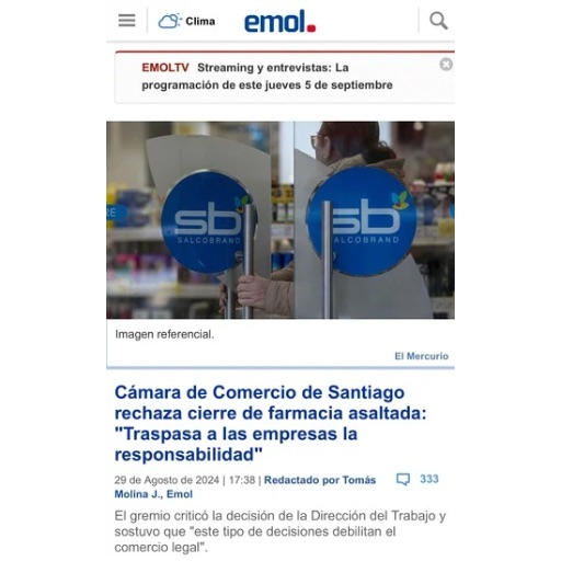 Cámara de Comercio de Santiago rechaza cierre de farmacia a...
