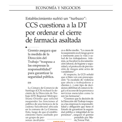 CCS cuestiona a la DT por ordenar el cierre de farmacia asal...
